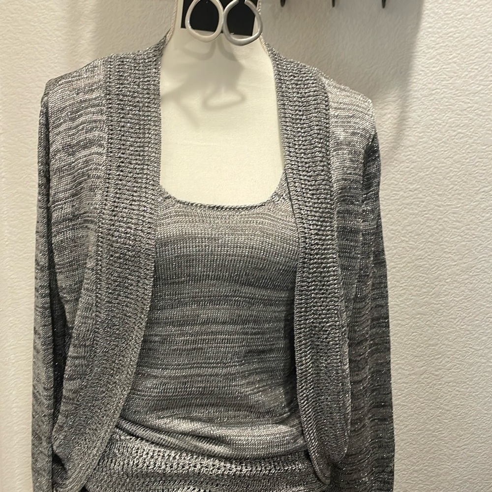 Chico’s knit cardigan with variegated threads including silver metallic ones.